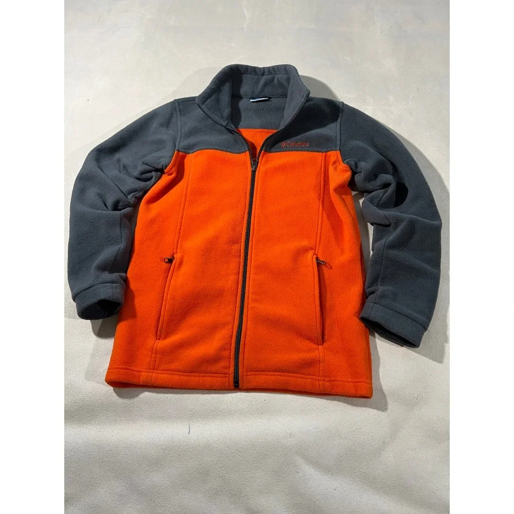 Columbia Kids Fleece Jacket Orange Gray Full Zip Youth Size L 14 16